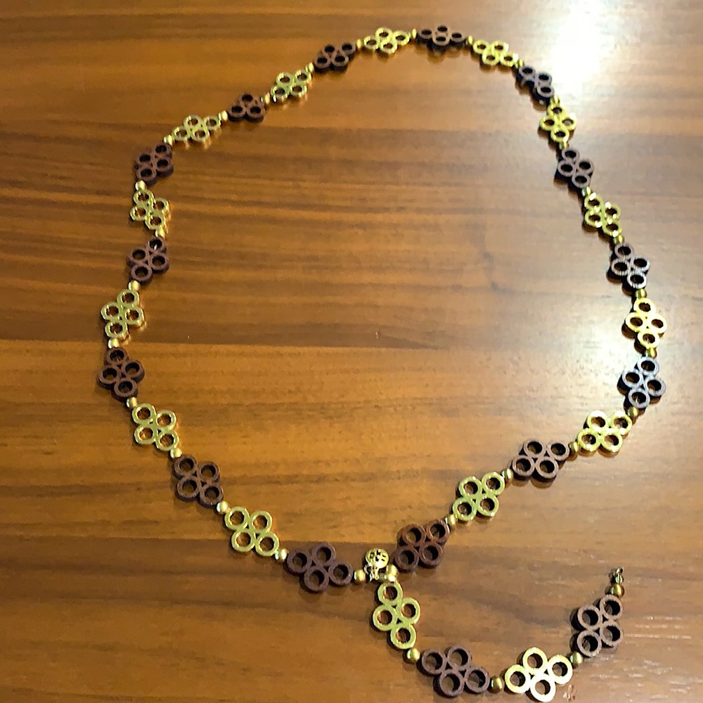 Tory Burch versatile wood and gold logo necklace